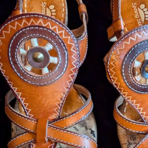 LIKE NEW Western Rodeo High-heel Sandals Medicine Wheel Leather Cork Spring Step - Picture 9 of 16